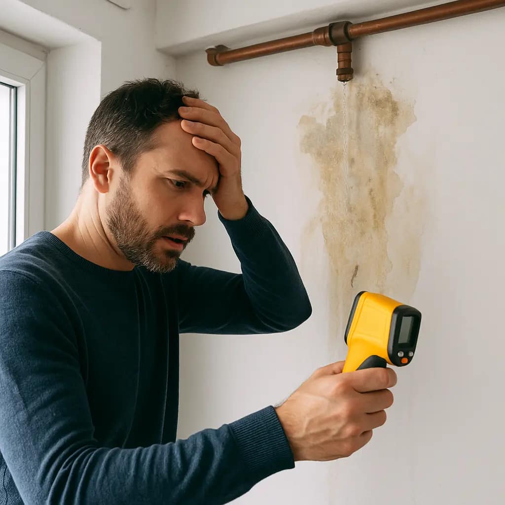 Mann entdeckt einen Wasserschaden an der Decke, typische Anzeichen für Wasserschäden