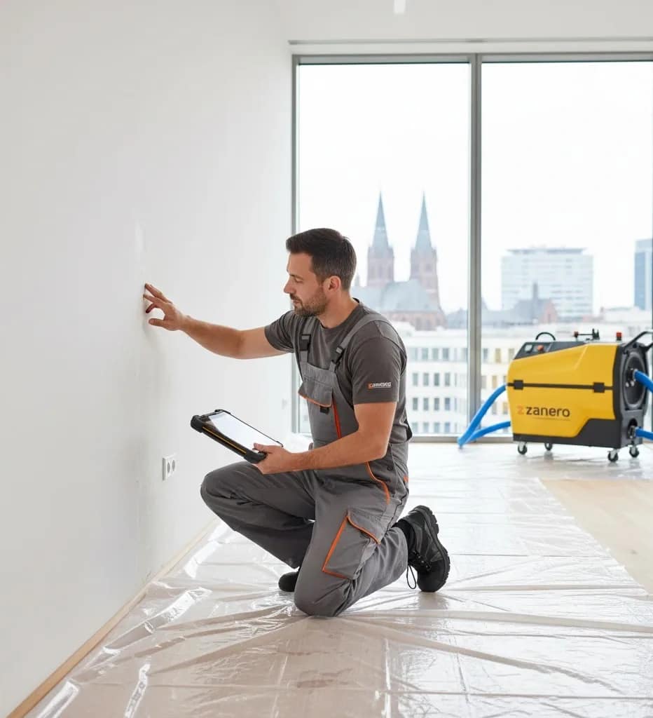 Wasserschadensanierung Mainz: Zertifizierter Techniker dokumentiert den Sanierungsfortschritt mit Tablet für digitales Protokoll.
