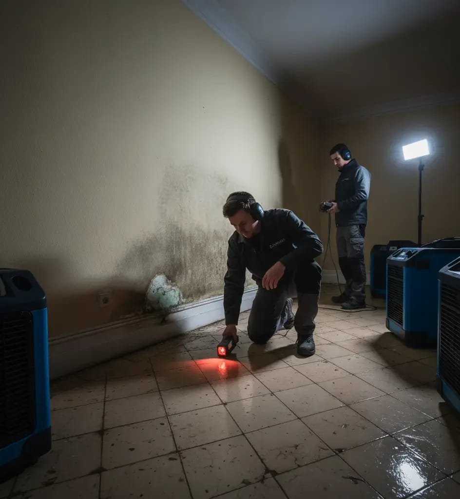 Techniker führt Wasserschadensanierung in Frankfurt mit Wärmebildkamera und Bautrockner durch